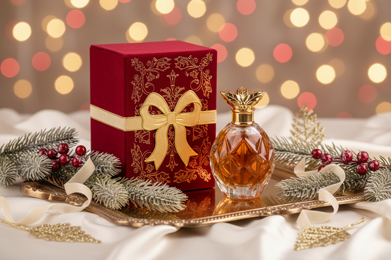 set regalo profumo con sfondo natalizio elegante