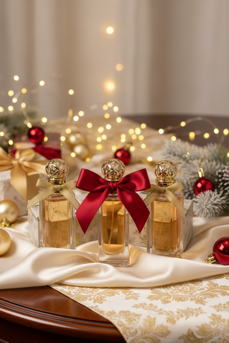 set regalo profumo, sfondo natalizio elegante, dimensioni immagine 638x870 px